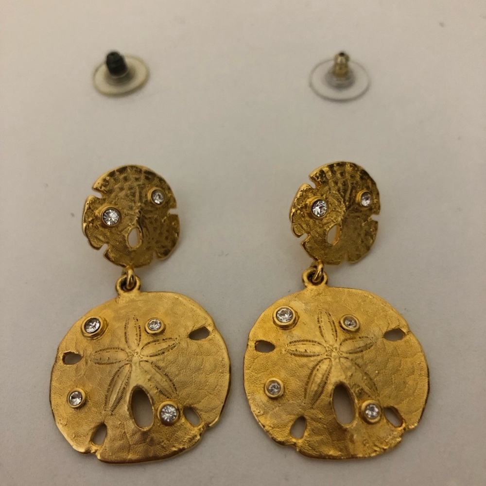 Vintage Erwin Pearl Brushed Gold Sand Dollar Drop Dangle Earrings Crystal Accent - Picture 3 of 6